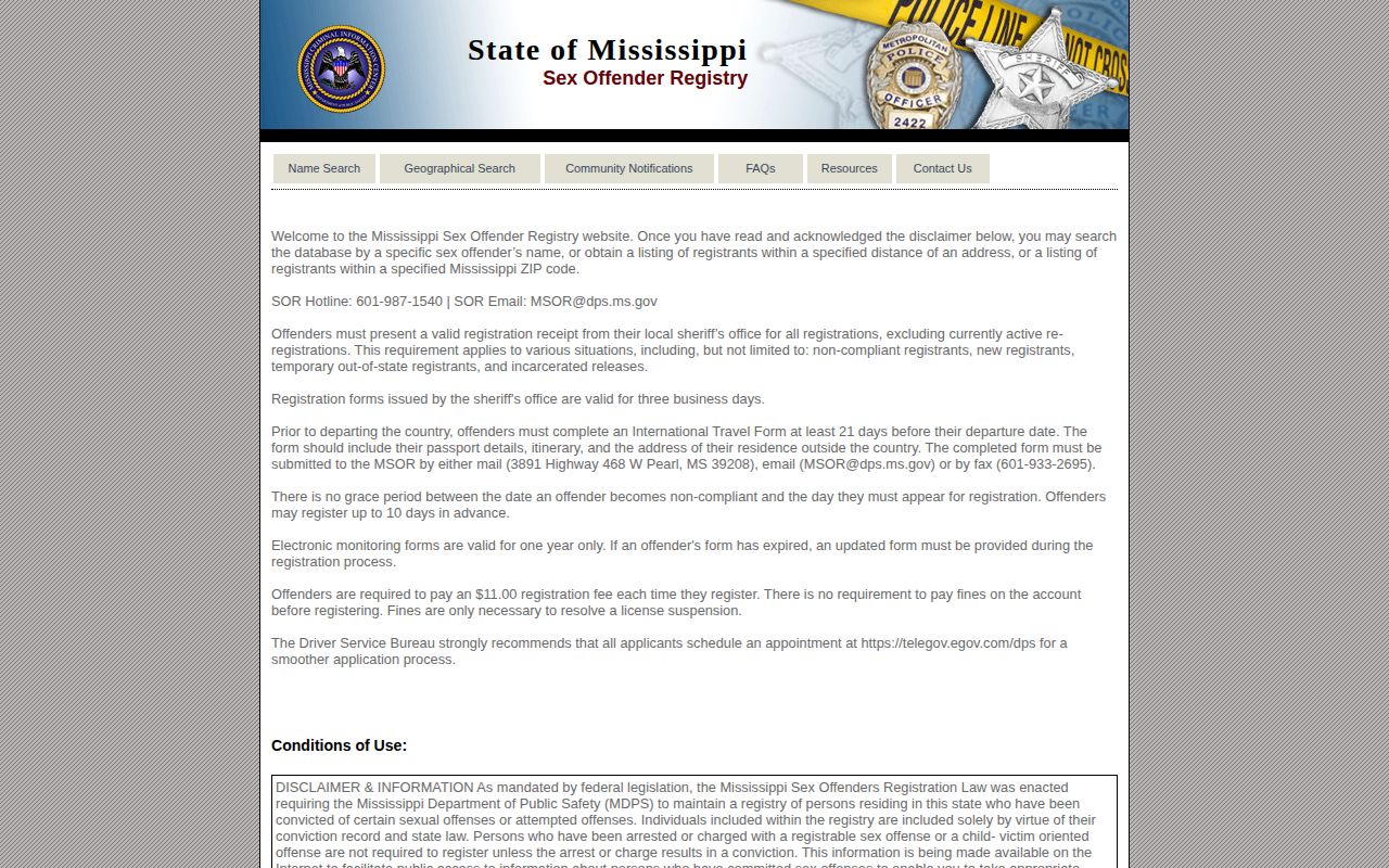 Official Mississippi registry search for limited Simpson County release photo records